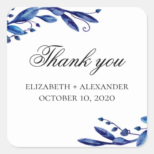 Blauwe bruiloft dank u. Bloemenmarine waterverf Vierkante Sticker (Voorkant)