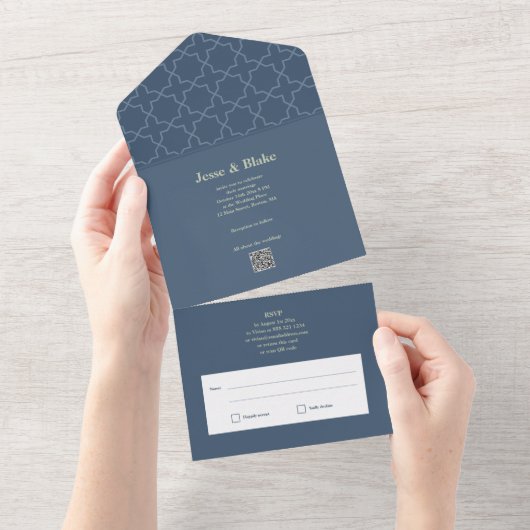 Blauwe bruiloft met Latticework Patroon All In One Uitnodiging (Afscheurbaar)