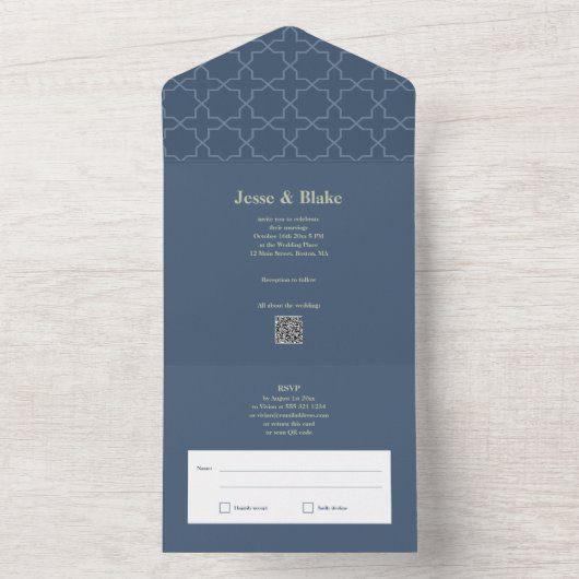 Blauwe bruiloft met Latticework Patroon All In One Uitnodiging (Binnen)