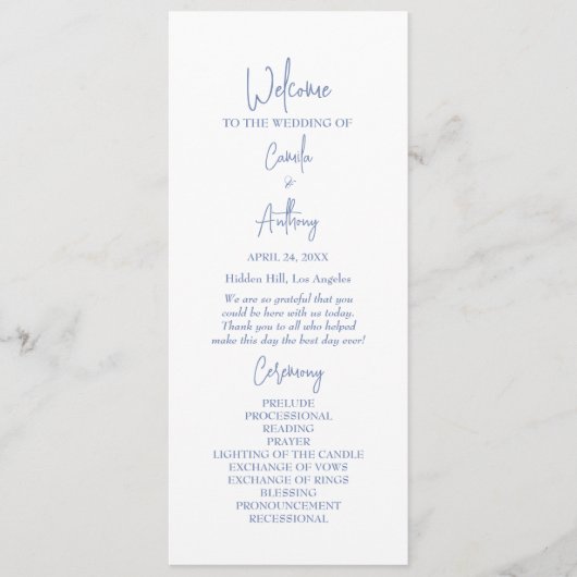 Blauwe bruiloft programmakaart (Voorkant)