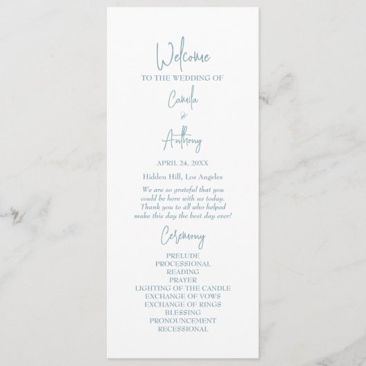 Blauwe bruiloft programmakaart (Voorkant)