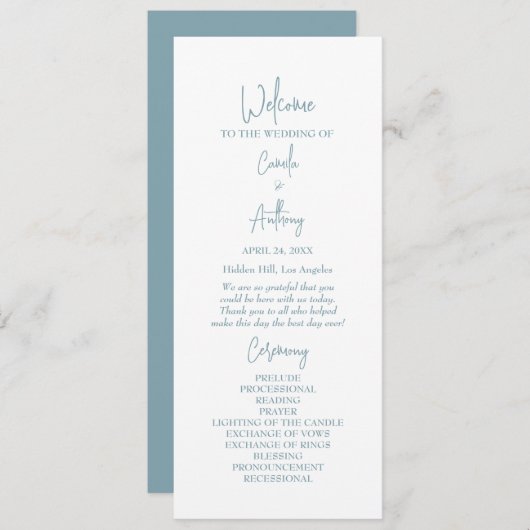 Blauwe bruiloft programmakaart (Voorkant / Achterkant)