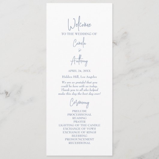 Blauwe bruiloft programmakaart (Voorkant)