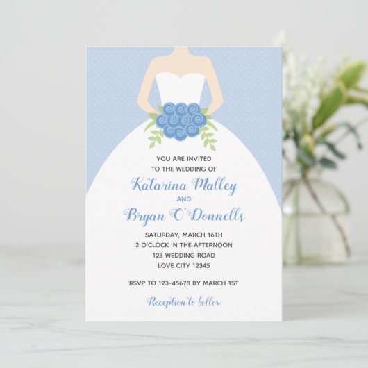Blauwe bruiloft uitnodigingen (elegante bruidsjurk (Staand voorkant)