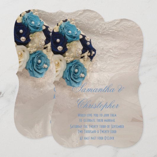 Blauwe bruinbruiden bouquet bruiloft kaart (Voorkant / Achterkant)