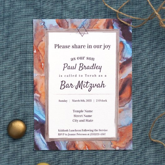 Blauwe, bruine aubergine bar mitswa uitnodiging