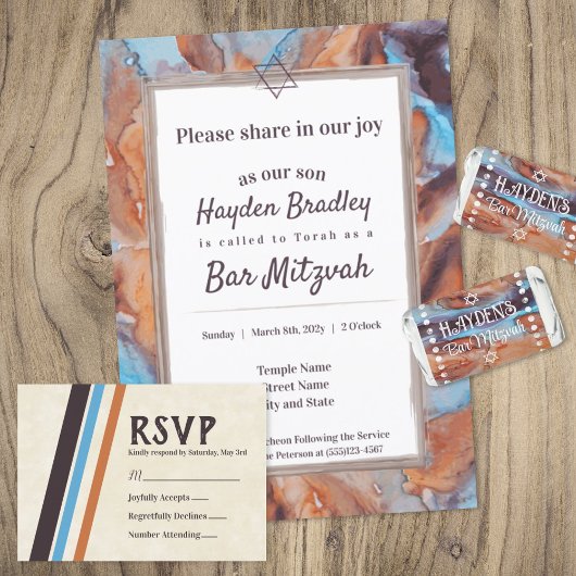 Blauwe, bruine aubergine bar mitswa uitnodiging