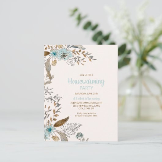 Blauwe bruine bladeren Boho Briefkaart (Staand voorkant)