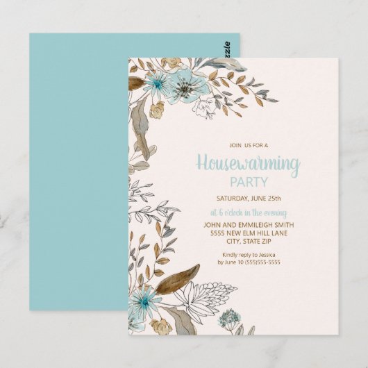 Blauwe bruine bladeren Boho Briefkaart (Voorkant / Achterkant)