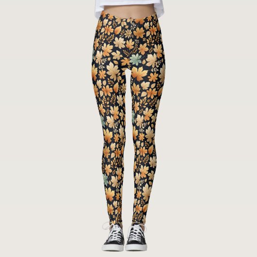 Blauwe bruine en ivoren herfstbladeren leggings (Voorkant)