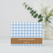 Blauwe bruine gingham met inwendige recept briefkaart (Staand voorkant)