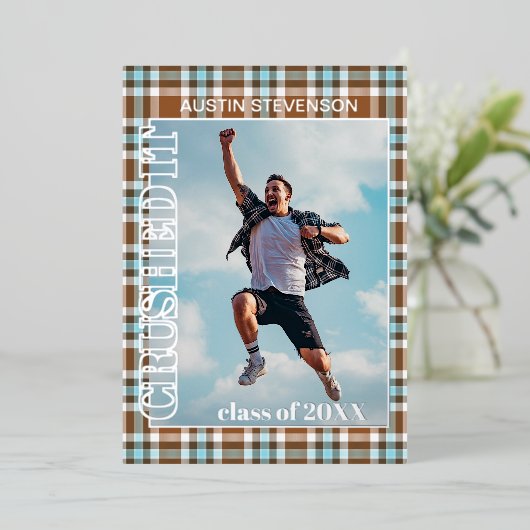 Blauwe bruine goudolie Afstuderen aankondiging (Staand Voorkant)