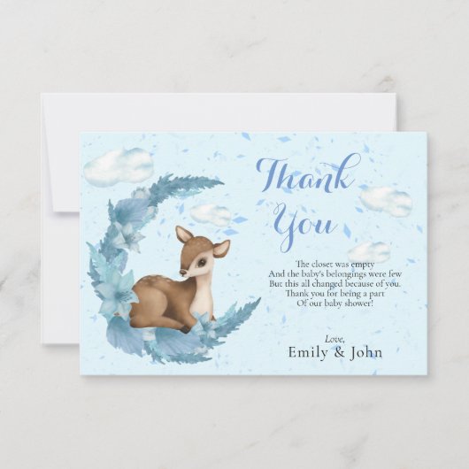 Blauwe bruine kleine Bambi Clouds halve maan Dust Bedankkaart (Voorkant)