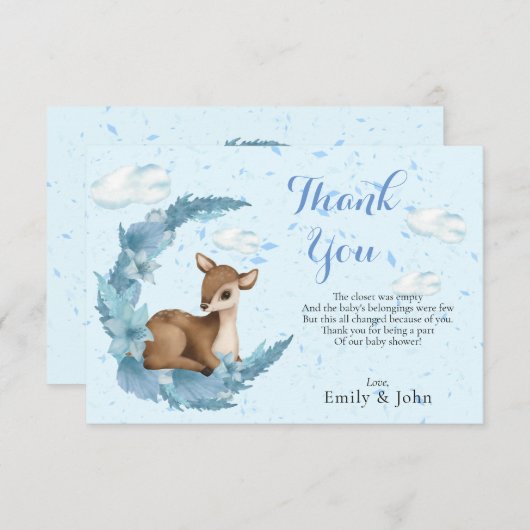 Blauwe bruine kleine Bambi Clouds halve maan Dust Bedankkaart (Voorkant / Achterkant)