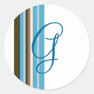 Blauwe & Bruine Linten Monogram () Ronde Sticker