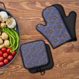 Blauwe bruine natuurlijke bloem ovenwant & pannenlap set