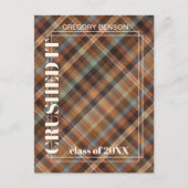 Blauwe bruine Tartan Pset Afstuderen Aankondiging Briefkaart (Voorkant)