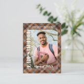 Blauwe bruine Tartan Pset Afstuderen Aankondiging Briefkaart (Staand voorkant)