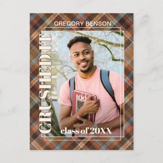 Blauwe bruine Tartan Pset Afstuderen Aankondiging Briefkaart (Voorkant)