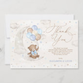 Blauwe bruine Teddy Bear Balloons Clouds Moon Star Bedankkaart (Voorkant)
