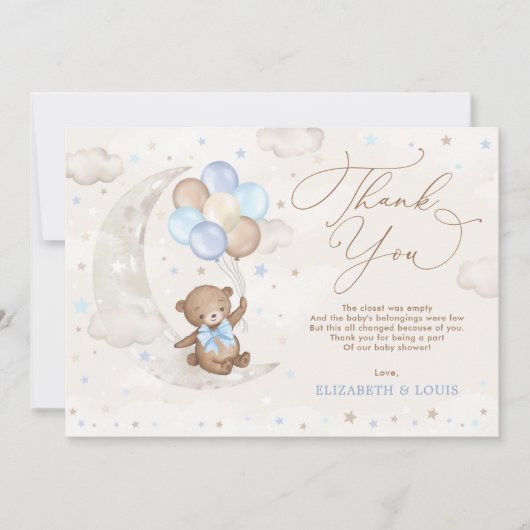 Blauwe bruine Teddy Bear Balloons Clouds Moon Star Bedankkaart (Voorkant)