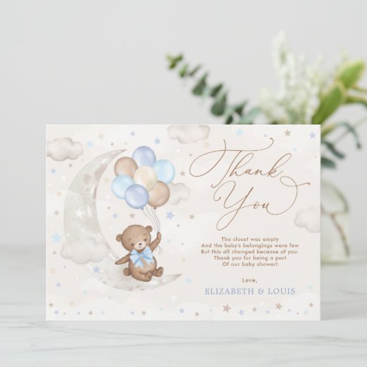 Blauwe bruine Teddy Bear Balloons Clouds Moon Star Bedankkaart (Staand voorkant)