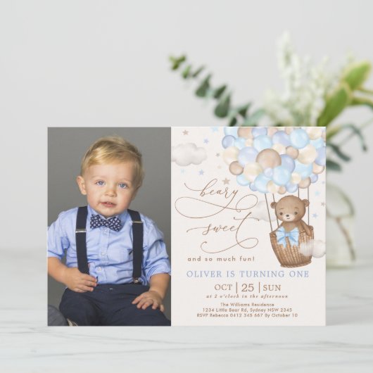 Blauwe bruine Teddy Bear Hot Air ballon, 1e verjaa Kaart (Staand voorkant)