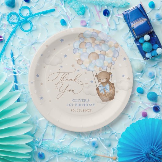 Blauwe bruine Teddy Bear Hot Air ballon Birthday B Papieren Bordje (Feest)