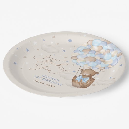 Blauwe bruine Teddy Bear Hot Air ballon Birthday B Papieren Bordje (Gekanteld)