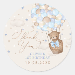 Blauwe bruine Teddy Bear Hot Air ballon Birthday B Ronde Sticker