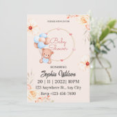 Blauwe bruine Teddy Bear met Balloons Baby shower Kaart (Staand voorkant)