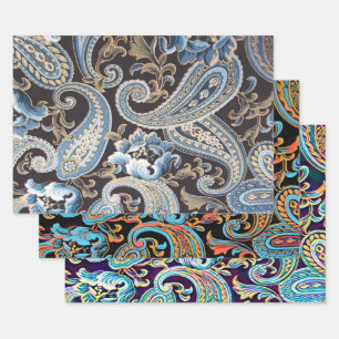 Blauwe bruine Vintage Paisley in drie kleuren Inpakpapier Vel