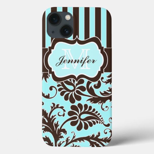 Blauwe, bruine, witte stripper Damask iPad-luchtta Case-Mate iPhone Case (Achterkant)