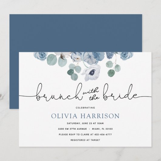Blauwe brunch met de bruidsdouche uitnodiging (Voorkant / Achterkant)