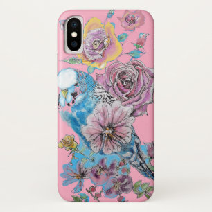 Blauwe Budgie Aquarel bloemige Meisjes Roze Case-Mate iPhone Case