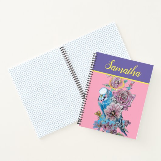 Blauwe Budgie Budgie Roos Bloem Waterverf  Notitieboek (Binnen)