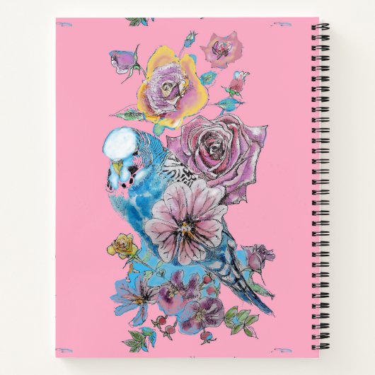 Blauwe Budgie Budgie Roos Bloem Waterverf  Notitieboek (Achterkant)