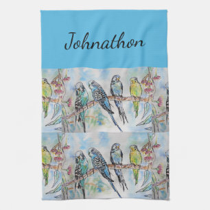 Blauwe Budgie Budgies Kunst Aquarel Vogels Mannen  Theedoek