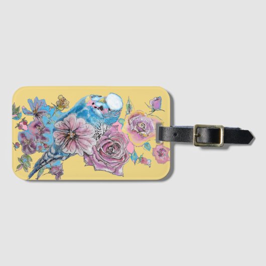 Blauwe Budgie Gele Bloemige Waterverf Bagagelabel (Voorkant (horizontaal))
