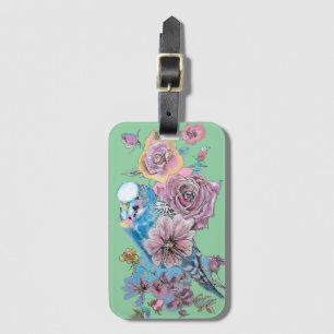 Blauwe Budgie Groene Bloem Waterverf Bagagetailie Bagagelabel