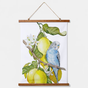 Blauwe Budgie in citroenboom waterverf botanische Hangend Wandkleed