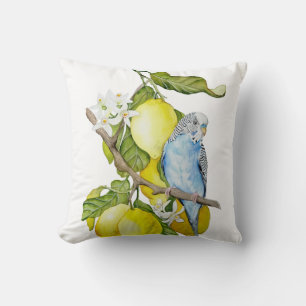 Blauwe Budgie in citroenboom waterverf botanische  Kussen