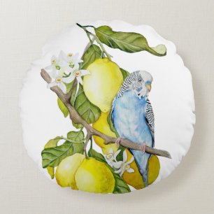Blauwe Budgie in citroenboom waterverf botanische Rond Kussen