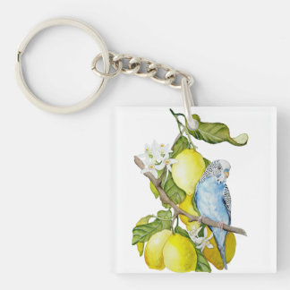 Blauwe Budgie in citroenboom waterverf botanische Sleutelhanger