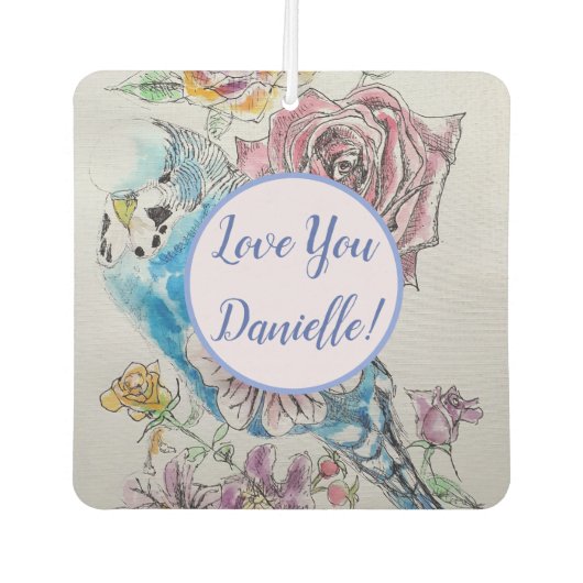 Blauwe Budgie kunst bloemenwagen Luchtverfrisser (Voorkant)