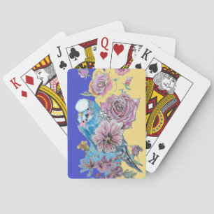 Blauwe Budgie Rode Roos Bloem Spelende Blauwe Kaar Pokerkaarten