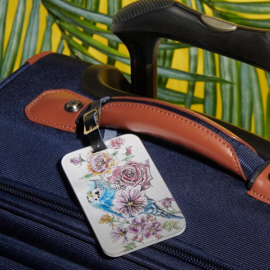 Blauwe Budgie Rode Roos Bloem Waterverf Bagagielab Bagagelabel (Voorkant Insitu 1)