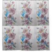 Blauwe Budgie & Rose rozen Bloemen Gordijn (Voorkant)