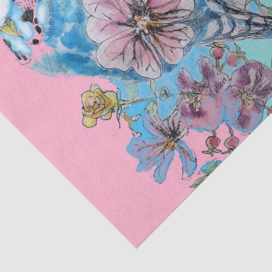 Blauwe Budgie Rozen Bloemenpatroon bloem Waterverf Tissuepapier (Detail)