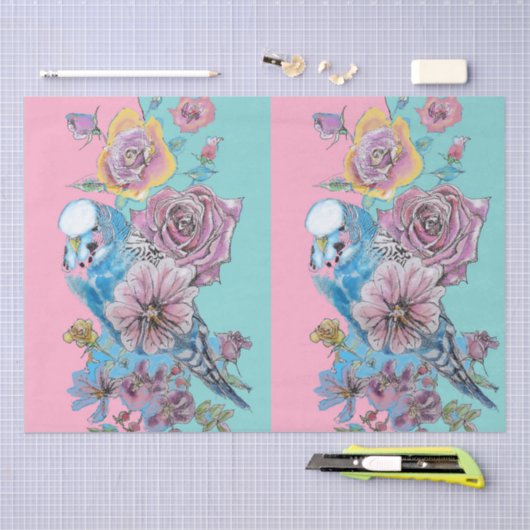 Blauwe Budgie Rozen Bloemenpatroon bloem Waterverf Tissuepapier (Craft)